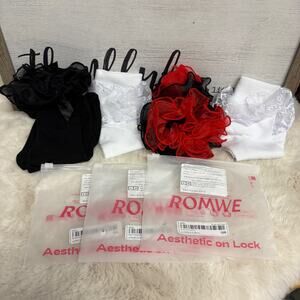 Romwe 4 Pairs of Ruffle Bow Trim Coquette Crew Socks Red White Black One Size